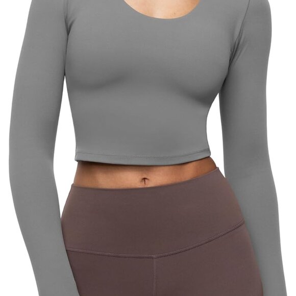 Womens Long Sleeve Shirts Workout Crop Tops Yoga Tee Built in Bra Mild Support C